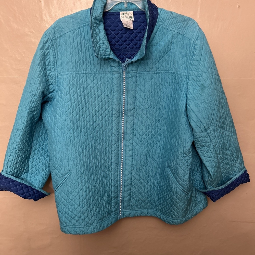 quacker factory 3X Teal Blue Quilted 100%‎ Silk Rhinestone Jacket